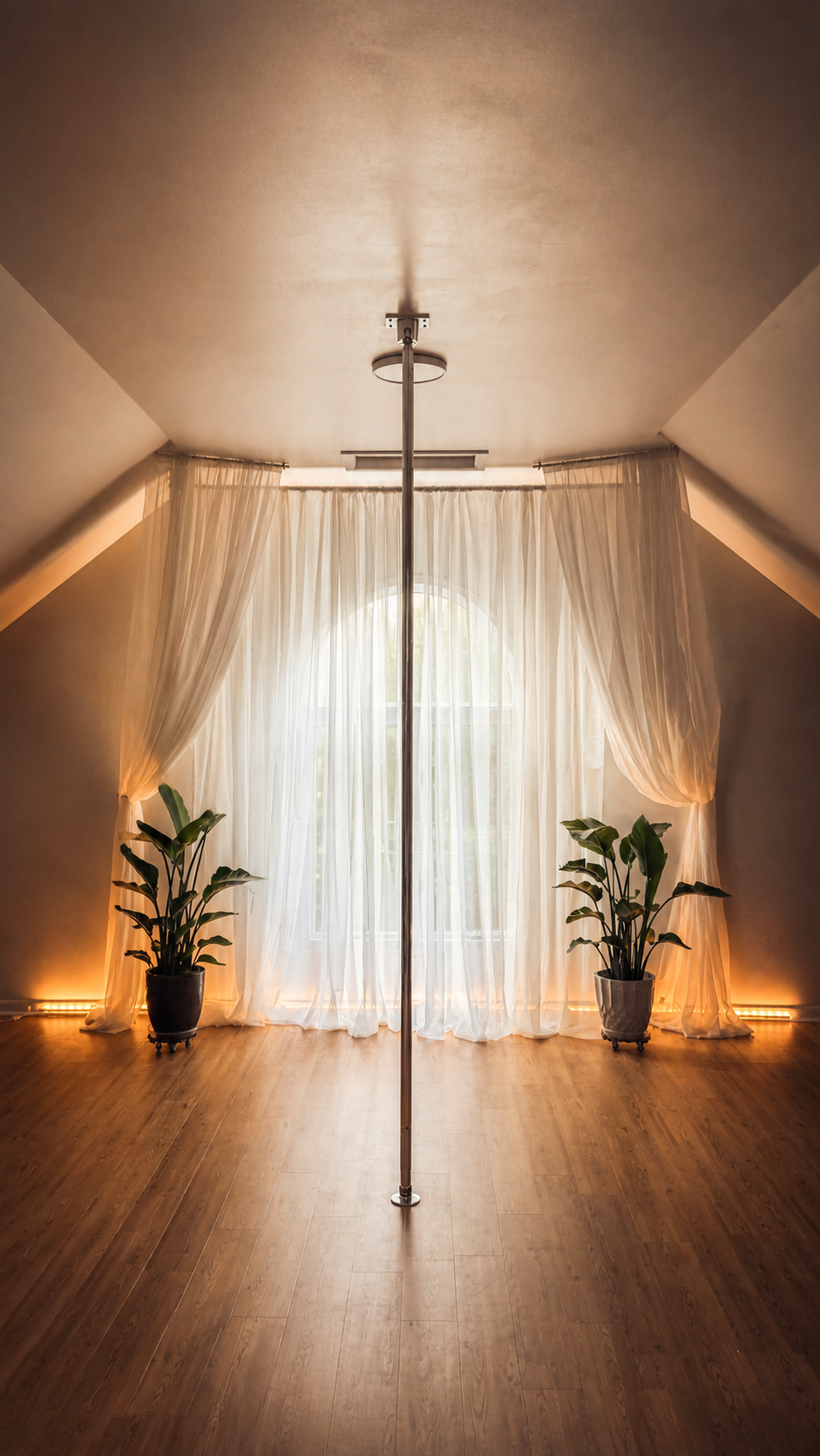 The Alcove studio, with its central pole, arched window, sheer curtains, and plants